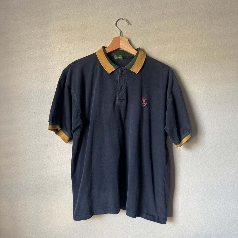 Vintage Bossini Navy Polo Shirt Green Mustard Collar Crest Preppy Boxy